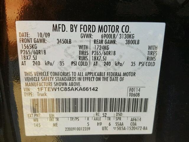 1FTEW1C85AKA66142 - 2010 FORD F150 BLACK photo 10