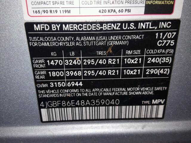 4JGBF86E48A359040 - 2008 MERCEDES-BENZ GL SILVER photo 10