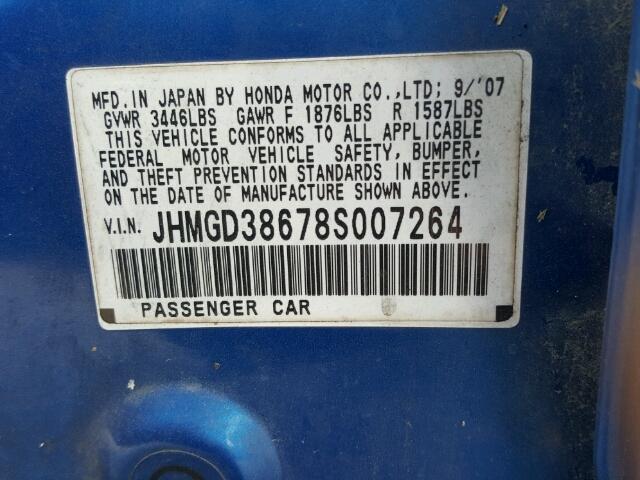 JHMGD38678S007264 - 2008 HONDA FIT BLUE photo 10