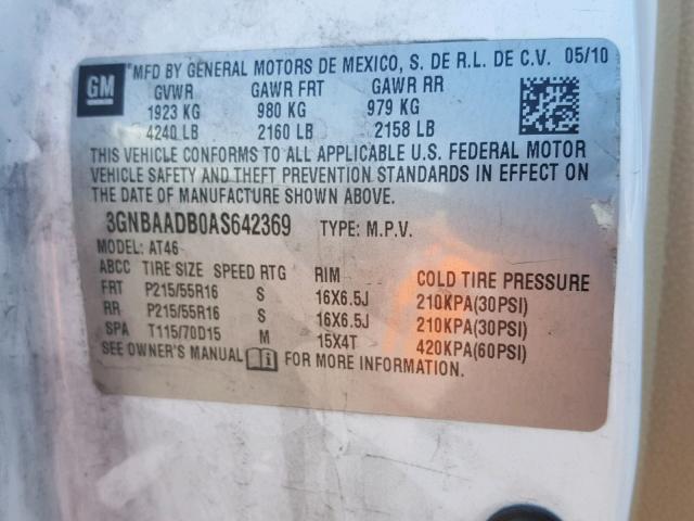 3GNBAADB0AS642369 - 2010 CHEVROLET HHR LS WHITE photo 10