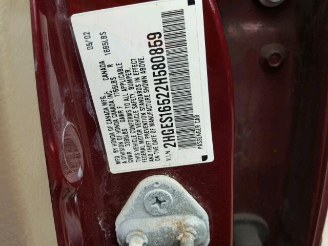 2HGES16522H580859 - 2002 HONDA CIVIC LX MAROON photo 10