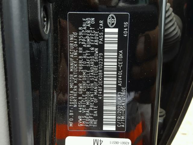4T4BF3EK0BR102379 - 2011 TOYOTA CAMRY BASE BLACK photo 10