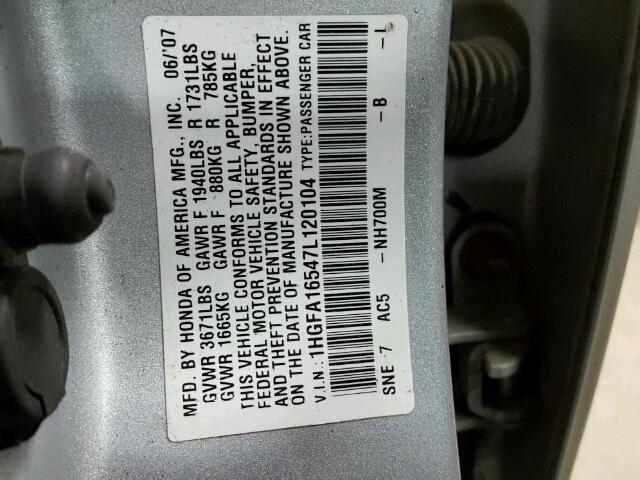 1HGFA16547L120104 - 2007 HONDA CIVIC SILVER photo 10