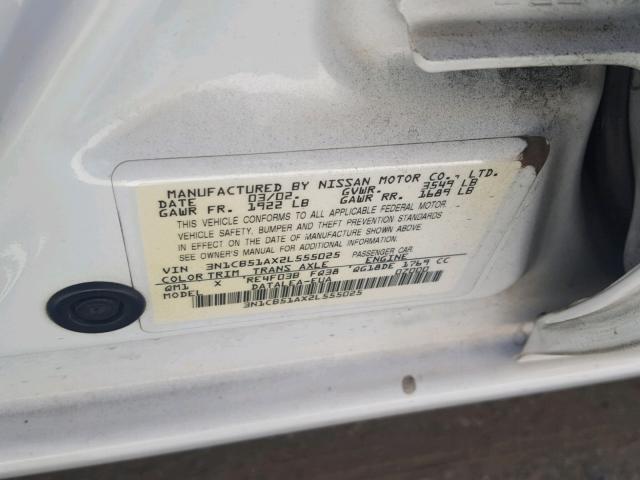 3N1CB51AX2L555025 - 2002 NISSAN SENTRA GXE WHITE photo 10