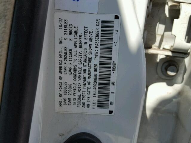 19UUA66208A019620 - 2008 ACURA TL WHITE photo 10