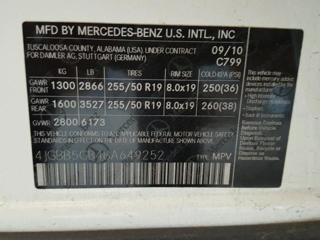 4JGBB5GB4BA649252 - 2011 MERCEDES-BENZ ML 350 WHITE photo 10