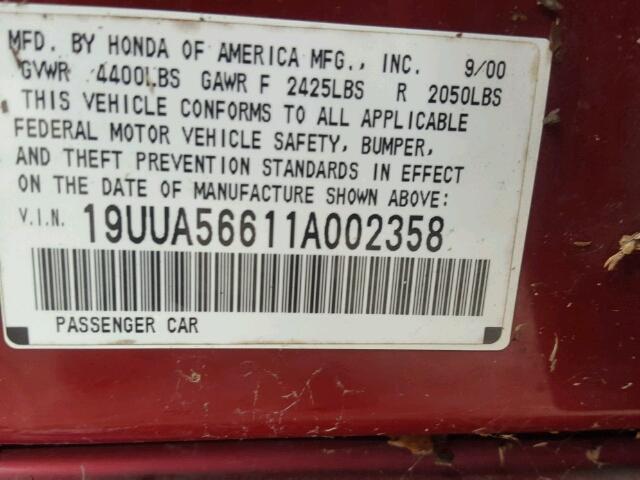 19UUA56611A002358 - 2001 ACURA 3.2TL RED photo 10