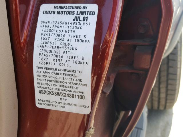 4S2CK58WX24301100 - 2002 ISUZU RODEO S RED photo 10