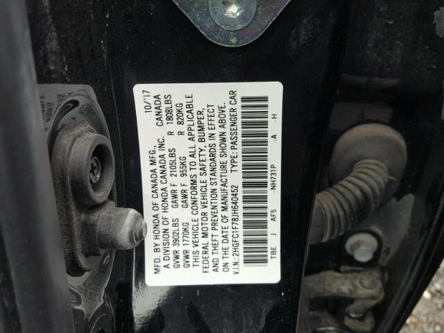 2HGFC1F78JH640452 - 2018 HONDA CIVIC EXL შავი ფოტო 10