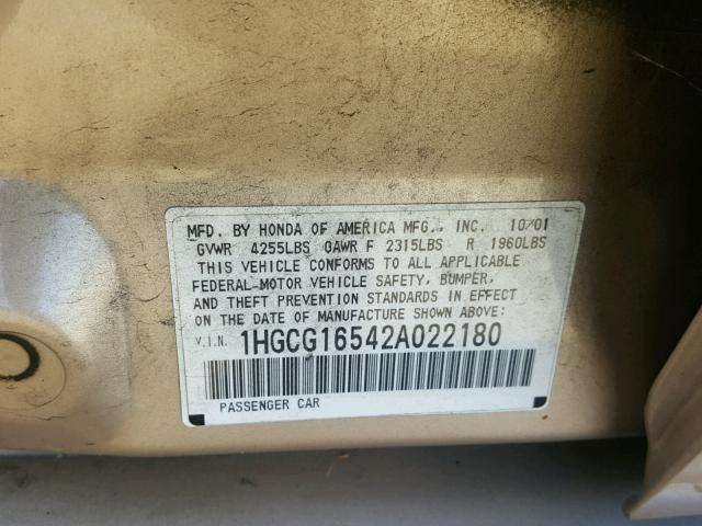 1HGCG16542A022180 - 2002 HONDA ACCORD EX GOLD photo 10