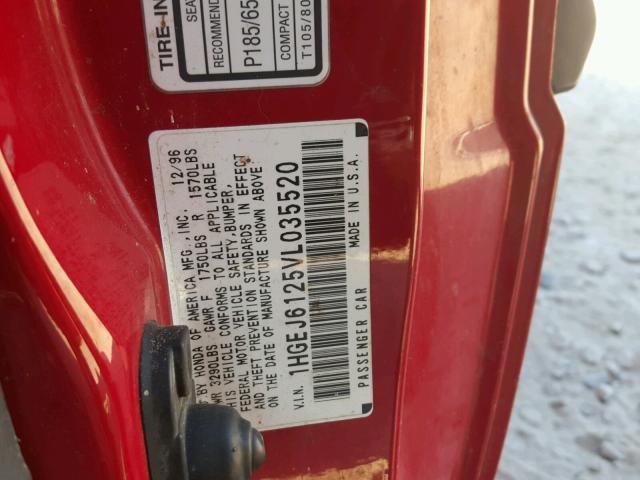 1HGEJ6125VL035520 - 1997 HONDA CIVIC DX RED photo 10