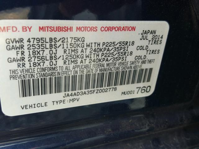 JA4AD3A35FZ002778 - 2015 MITSUBISHI OUTLANDER BLUE photo 10