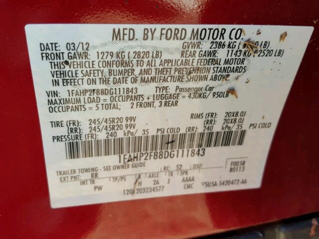 1FAHP2F88DG111843 - 2013 FORD TAURUS LIM RED photo 10