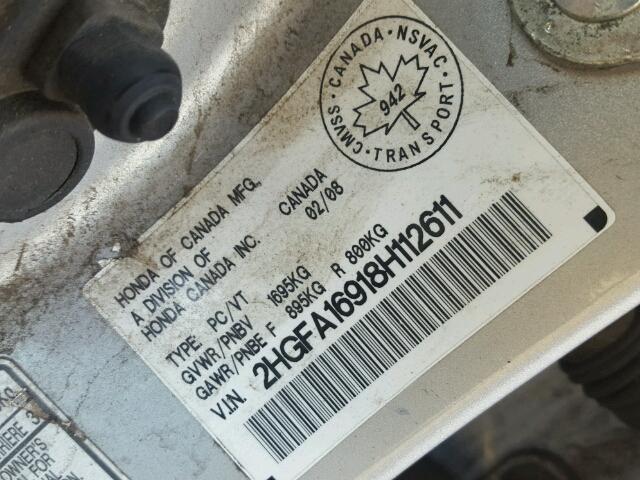 2HGFA16918H112611 - 2008 HONDA CIVIC EXL 银色 照片 10