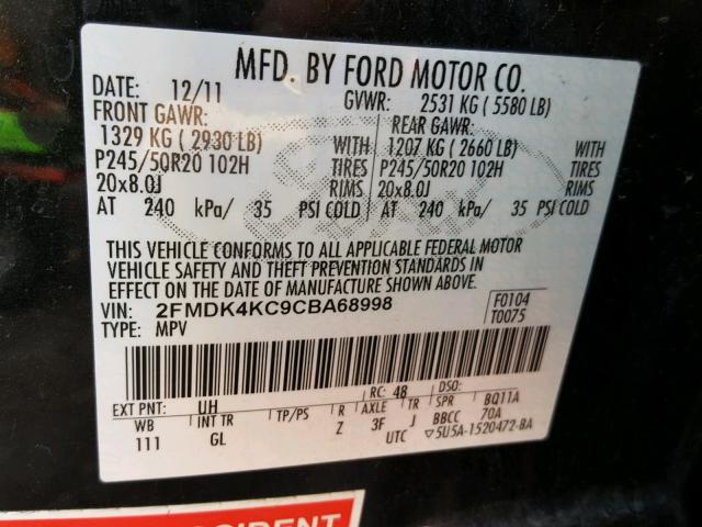 2FMDK4KC9CBA68998 - 2012 FORD EDGE LIMIT BLACK photo 10