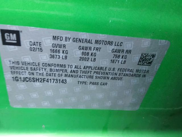 1G1JC6SH2F4173143 - 2015 CHEVROLET SONIC LT GREEN photo 10