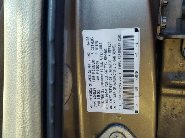 1HGCP26428A122011 - 2008 HONDA ACCORD LXP GOLD photo 10