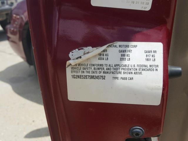 1G2NE52E75M245752 - 2005 PONTIAC GRAND AM S 勃艮第红 照片 10