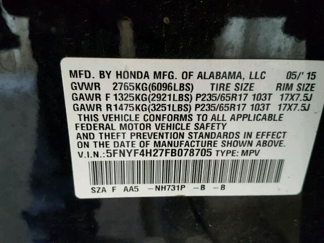 5FNYF4H27FB078705 - 2015 HONDA PILOT LX BLACK photo 10