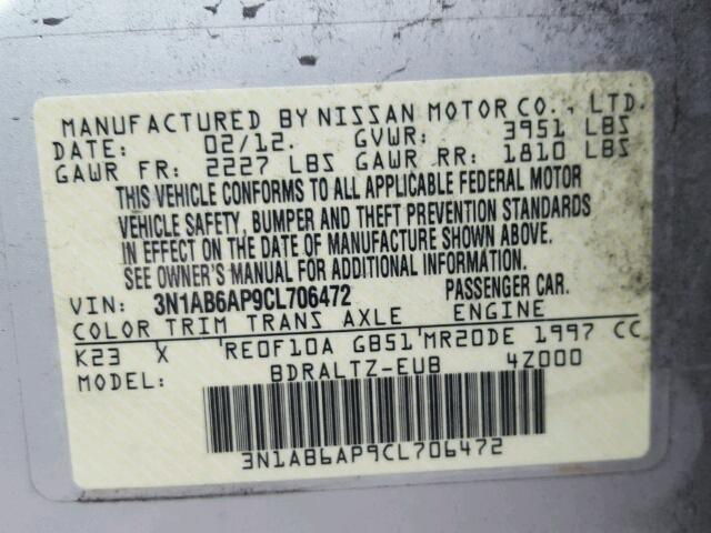 3N1AB6AP9CL706472 - 2012 NISSAN SENTRA SILVER photo 10