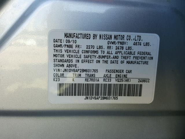 JN1DV6AP2BM601765 - 2011 INFINITI G25 BASE SILVER photo 10