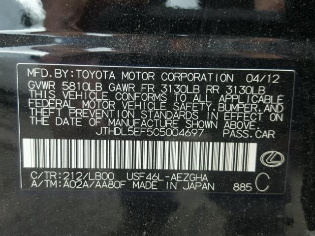 JTHDL5EF5C5004697 - 2012 LEXUS LS 460L BLACK photo 10