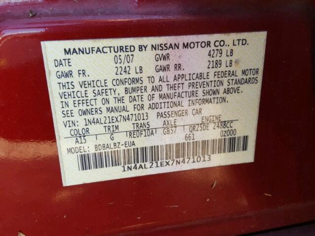 1N4AL21EX7N471013 - 2007 NISSAN ALTIMA 2.5 RED photo 10