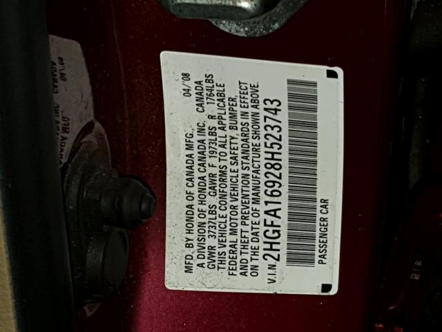 2HGFA16928H523743 - 2008 HONDA CIVIC EXL 红色 照片 10