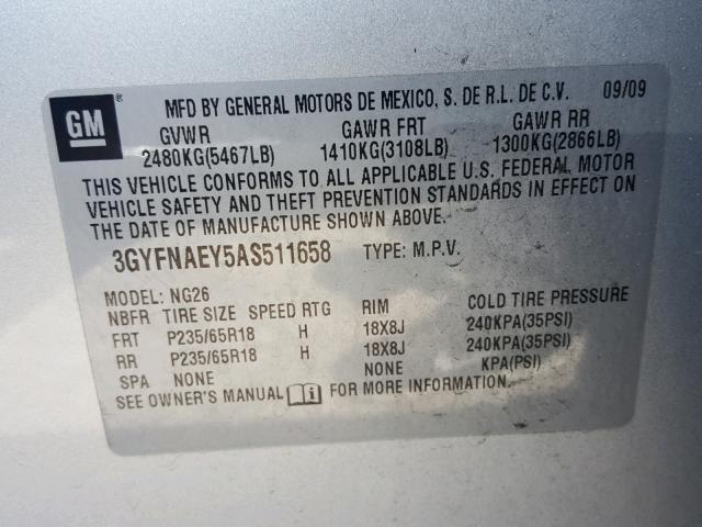 3GYFNAEY5AS511658 - 2010 CADILLAC SRX LUXURY SILVER photo 10