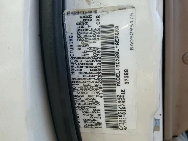 4T1BF28B33U302707 - 2003 TOYOTA AVALON WHITE photo 10