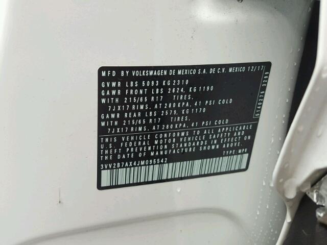 3VV2B7AX4JM095542 - 2018 VOLKSWAGEN TIGUAN SE Білий фото 10