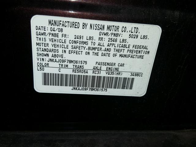 JNKAJ09F78M361575 - 2008 INFINITI EX35 BASE BURGUNDY photo 10