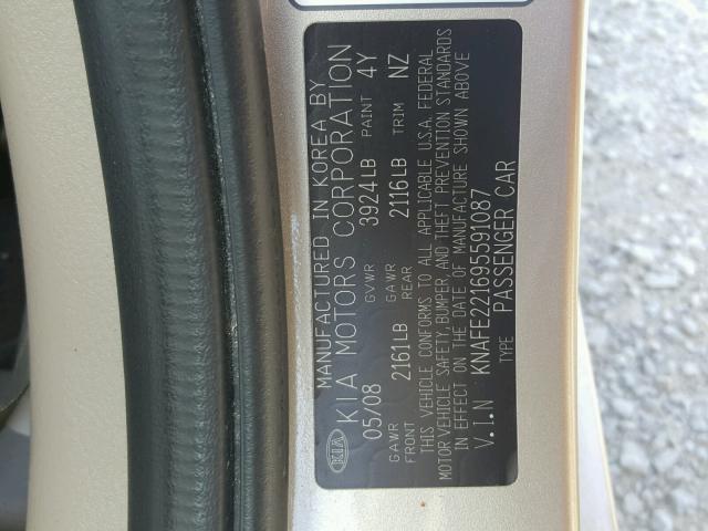 KNAFE221695591087 - 2009 KIA SPECTRA EX BEIGE photo 10