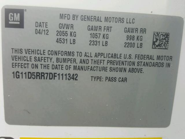 1G11D5RR7DF111342 - 2013 CHEVROLET MALIBU 1LT WHITE photo 10