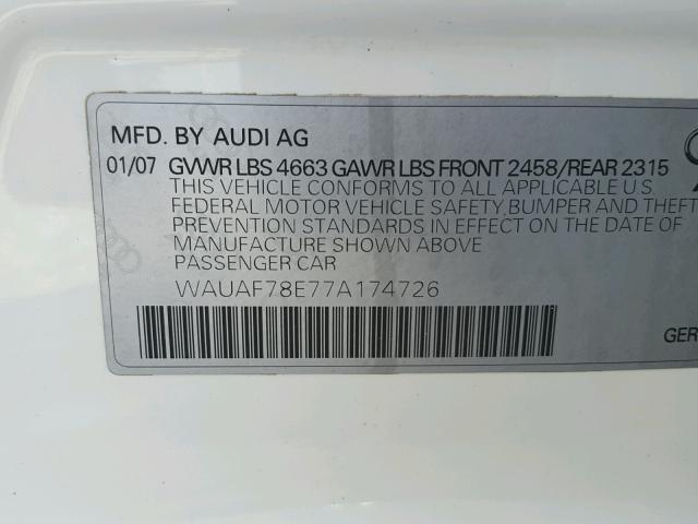 WAUAF78E77A174726 - 2007 AUDI A4 2 WHITE photo 10