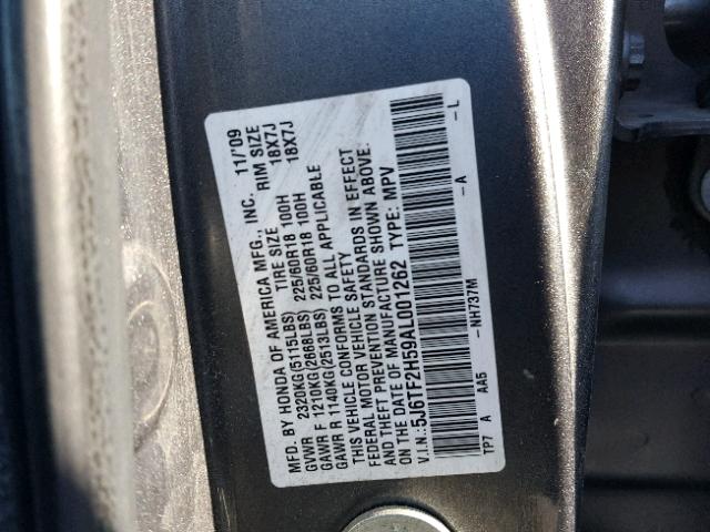 5J6TF2H59AL001262 - 2010 HONDA ACCORD CRO GRAY photo 10