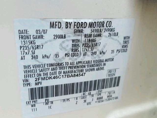 2FMDK46C17BA84547 - 2007 FORD EDGE SE WHITE photo 10