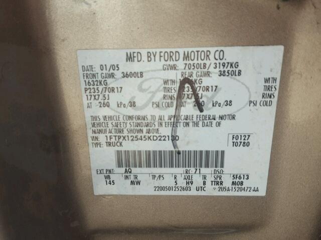 1FTPX12545KD22130 - 2005 FORD F150 TAN photo 10