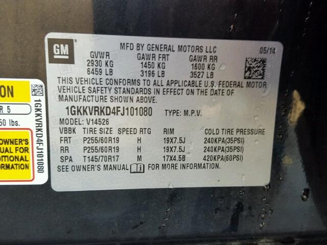 1GKKVRKD4FJ101080 - 2015 GMC ACADIA SLT შავი ფოტო 10