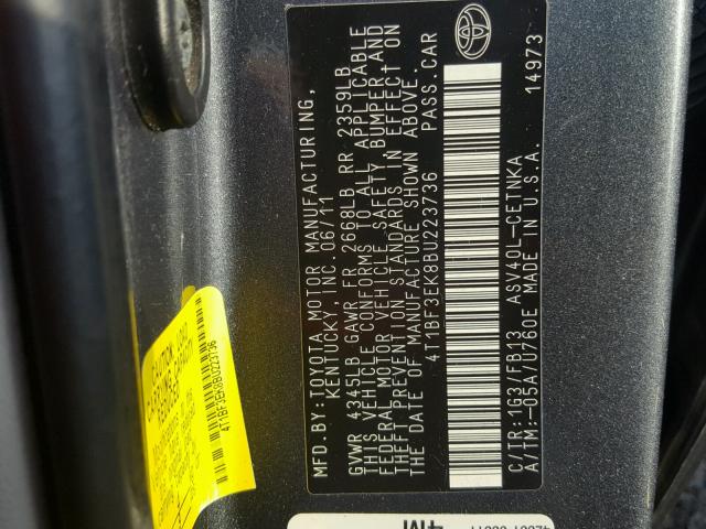 4T1BF3EK8BU223736 - 2011 TOYOTA CAMRY BASE GRAY photo 10