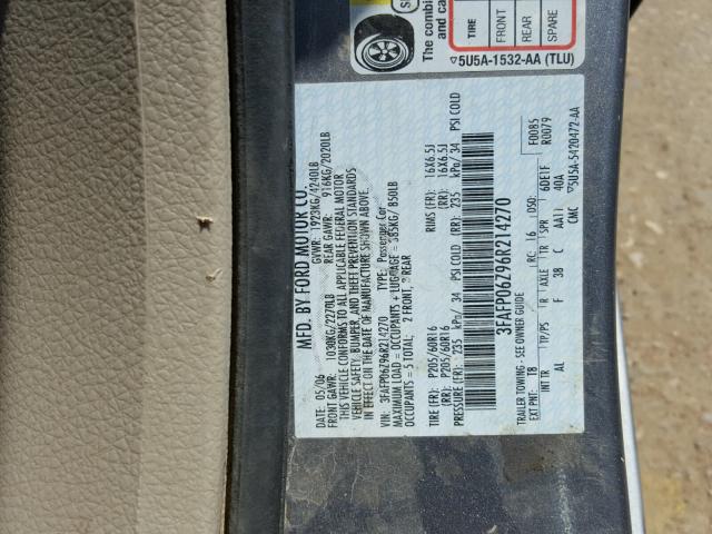 3FAFP06Z96R214270 - 2006 FORD FUSION S GRAY photo 10