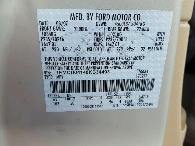 1FMCU04148KB34493 - 2008 FORD ESCAPE BEIGE photo 10