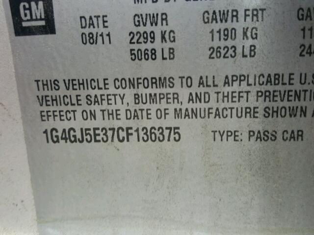 1G4GJ5E37CF136375 - 2012 BUICK LACROSSE T GRAY photo 10