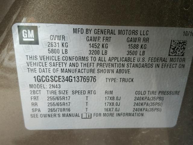 1GCGSCE34G1376976 - 2016 CHEVROLET COLORADO L BROWN photo 10