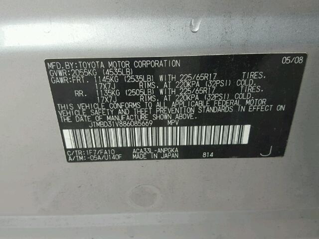 JTMBD31V886085669 - 2008 TOYOTA RAV4 SILVER photo 10