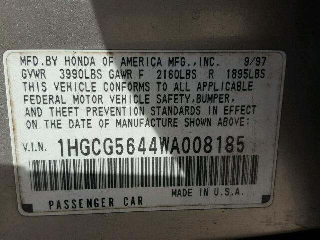 1HGCG5644WA008185 - 1998 HONDA ACCORD LX SILVER photo 10