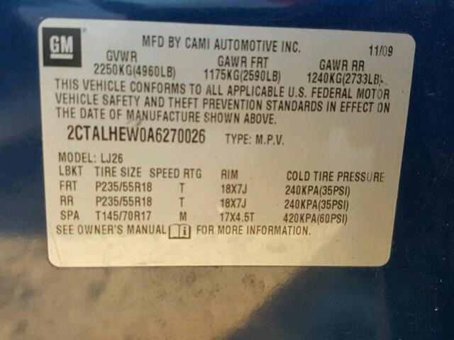 2CTALHEW0A6270026 - 2010 GMC TERRAIN BLUE photo 10