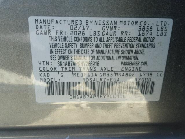 3N1AB7AP9HY266916 - 2017 NISSAN SENTRA S GRAY photo 10