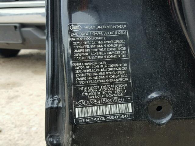 SALAA25415A305056 - 2005 LAND ROVER LR3 BLACK photo 10