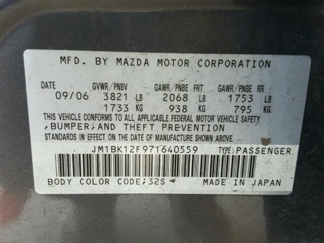 JM1BK12F971640559 - 2007 MAZDA 3 I GRAY photo 10